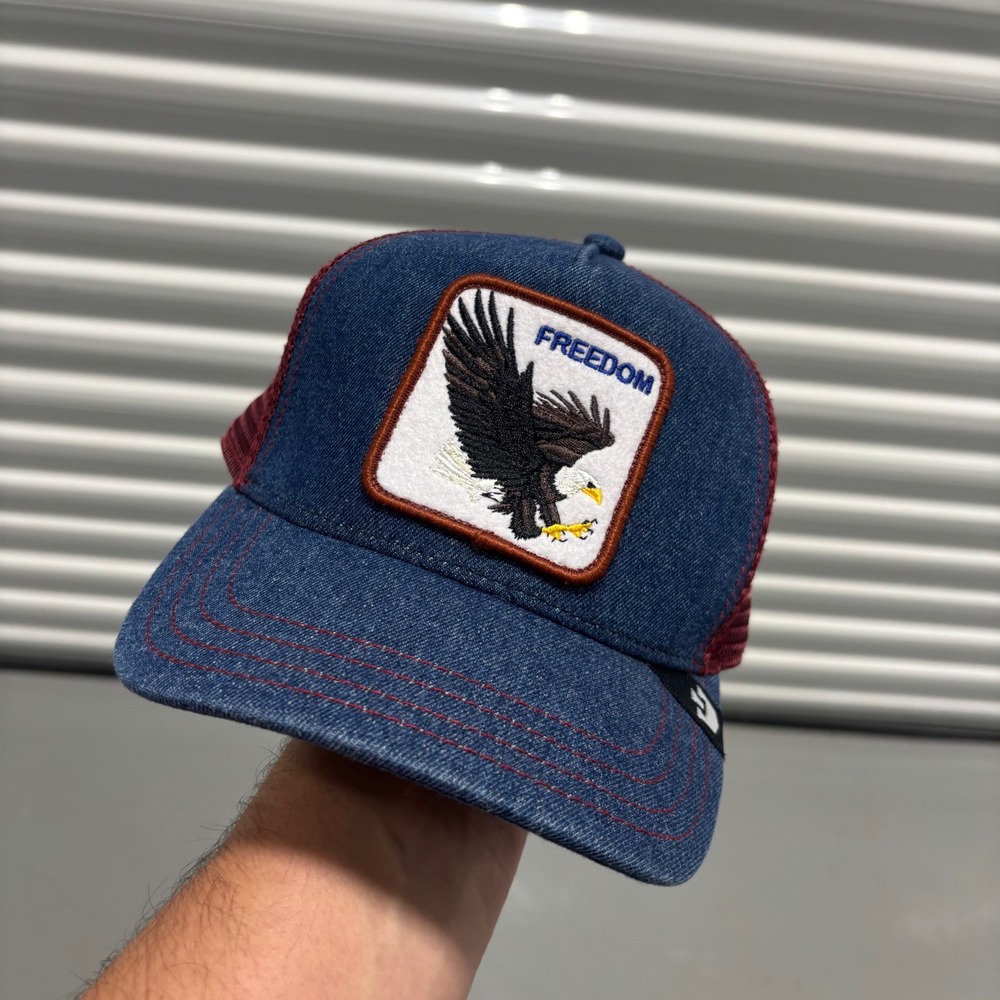 Goorin Bros The Farm Freedom Eagle Trucker Hat Denim Maroon Mesh Snapback Cap